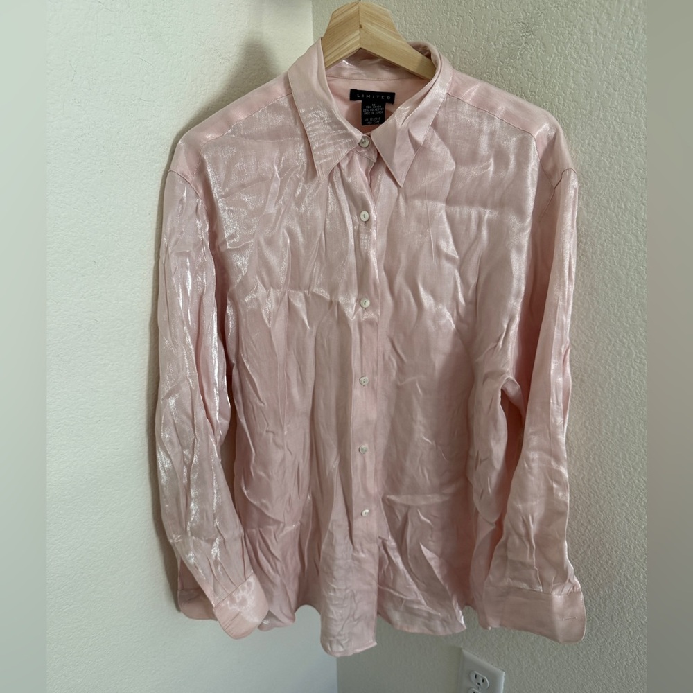 LIMITED VINTAGE light pink metallic satin shiny button down rayon shirt size M